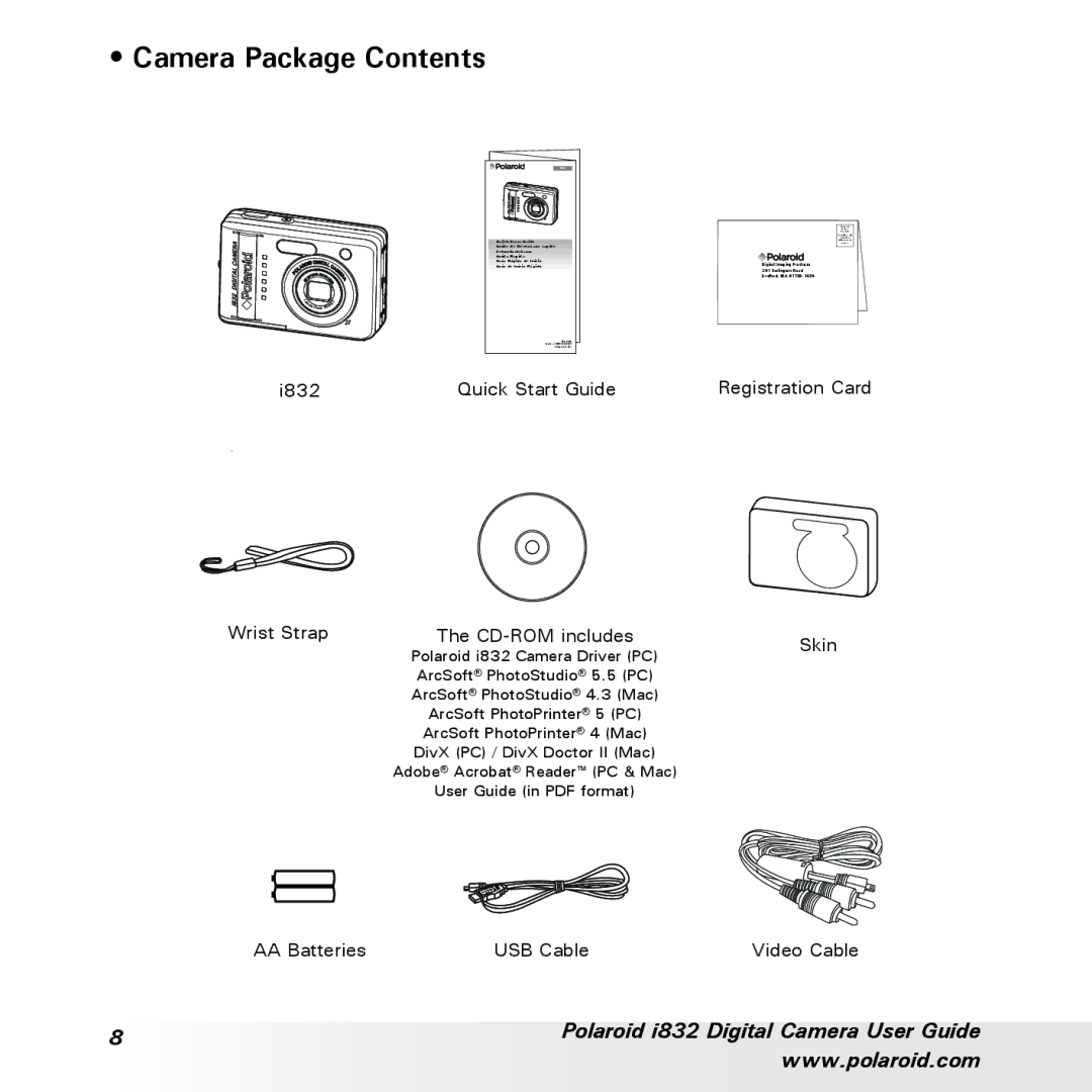 Polaroid i832 manual Camera Package Contents 