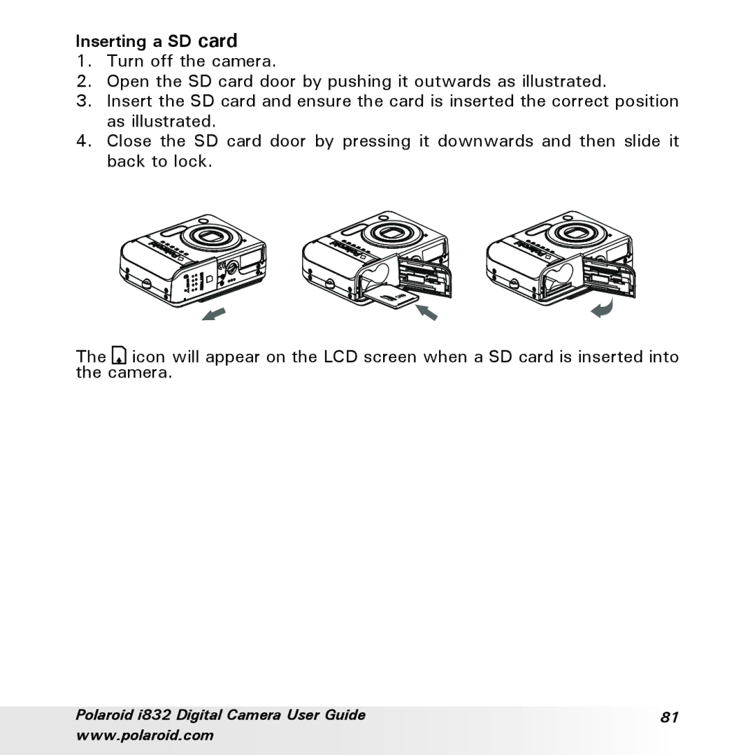 Polaroid i832 manual Inserting a SD card 