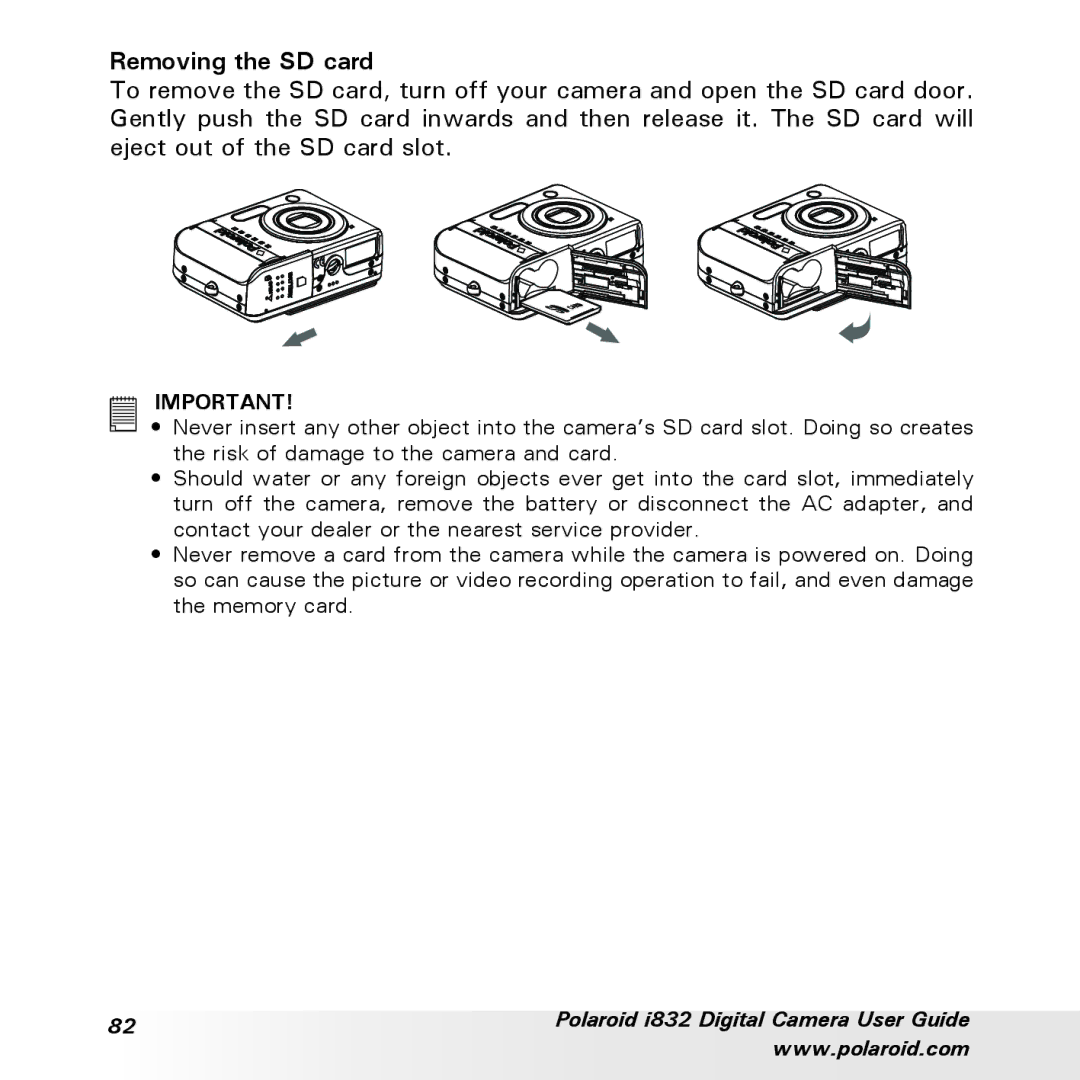 Polaroid i832 manual Removing the SD card 