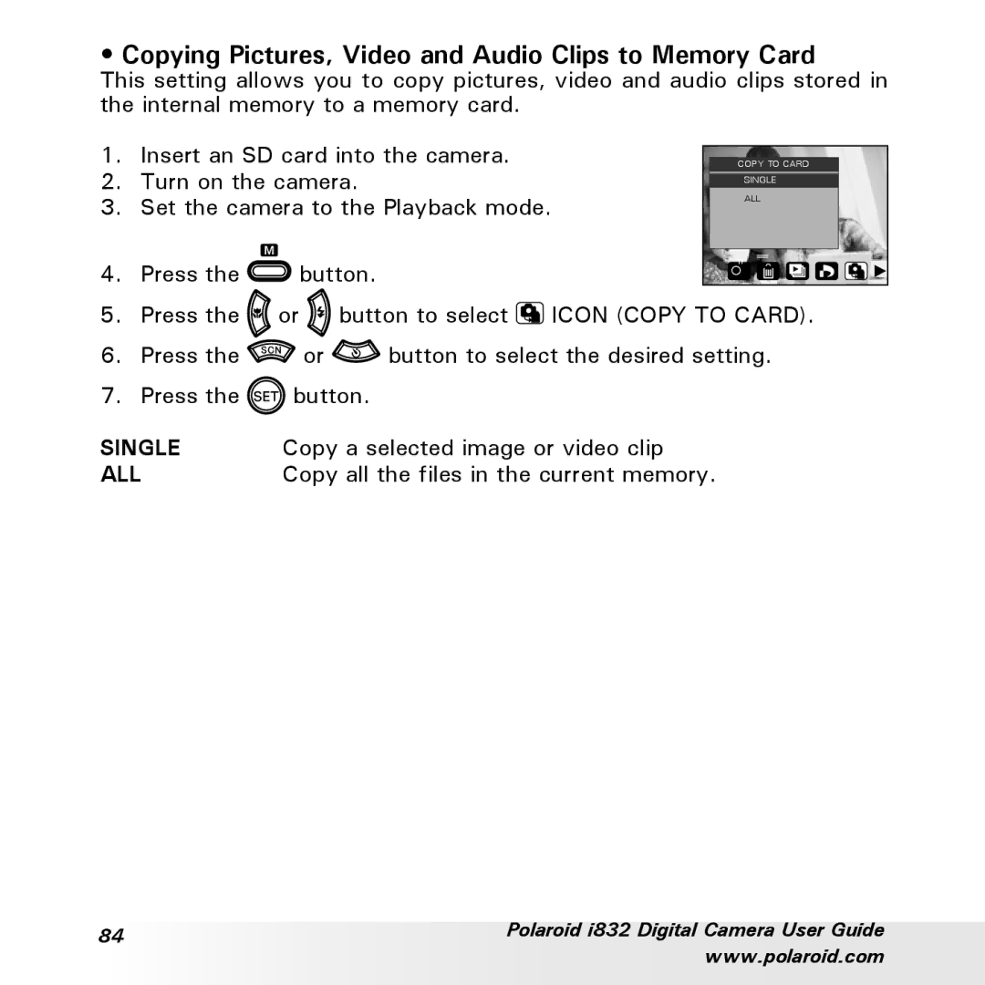 Polaroid i832 manual Copying Pictures, Video and Audio Clips to Memory Card, Copy a selected image or video clip 