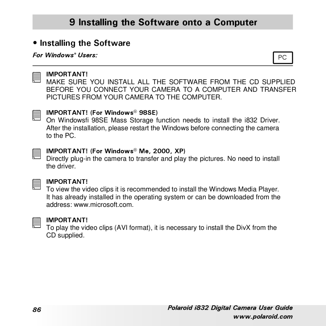 Polaroid i832 manual Installing the Software onto a Computer 