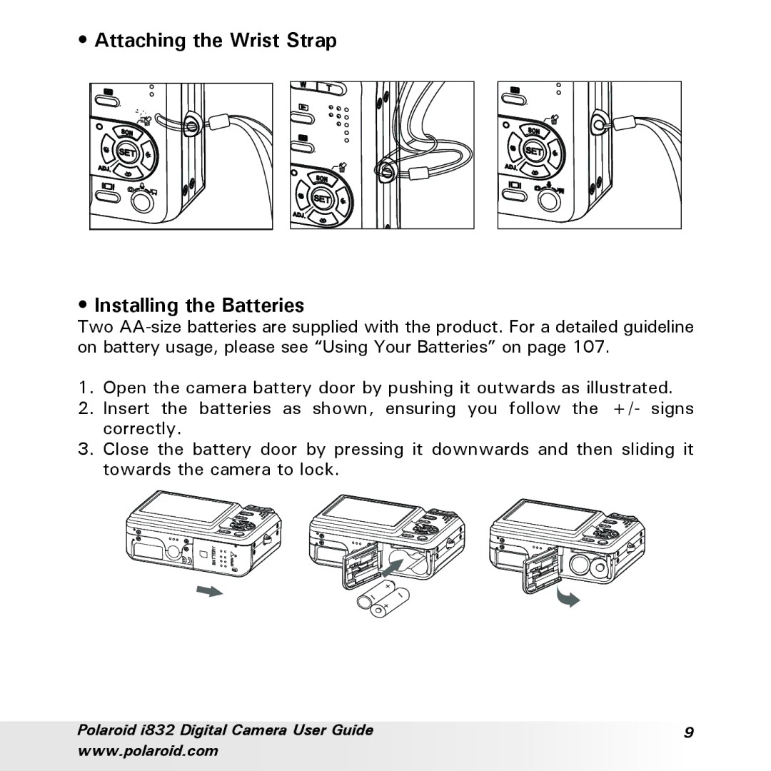 Polaroid i832 manual Attaching the Wrist Strap Installing the Batteries 