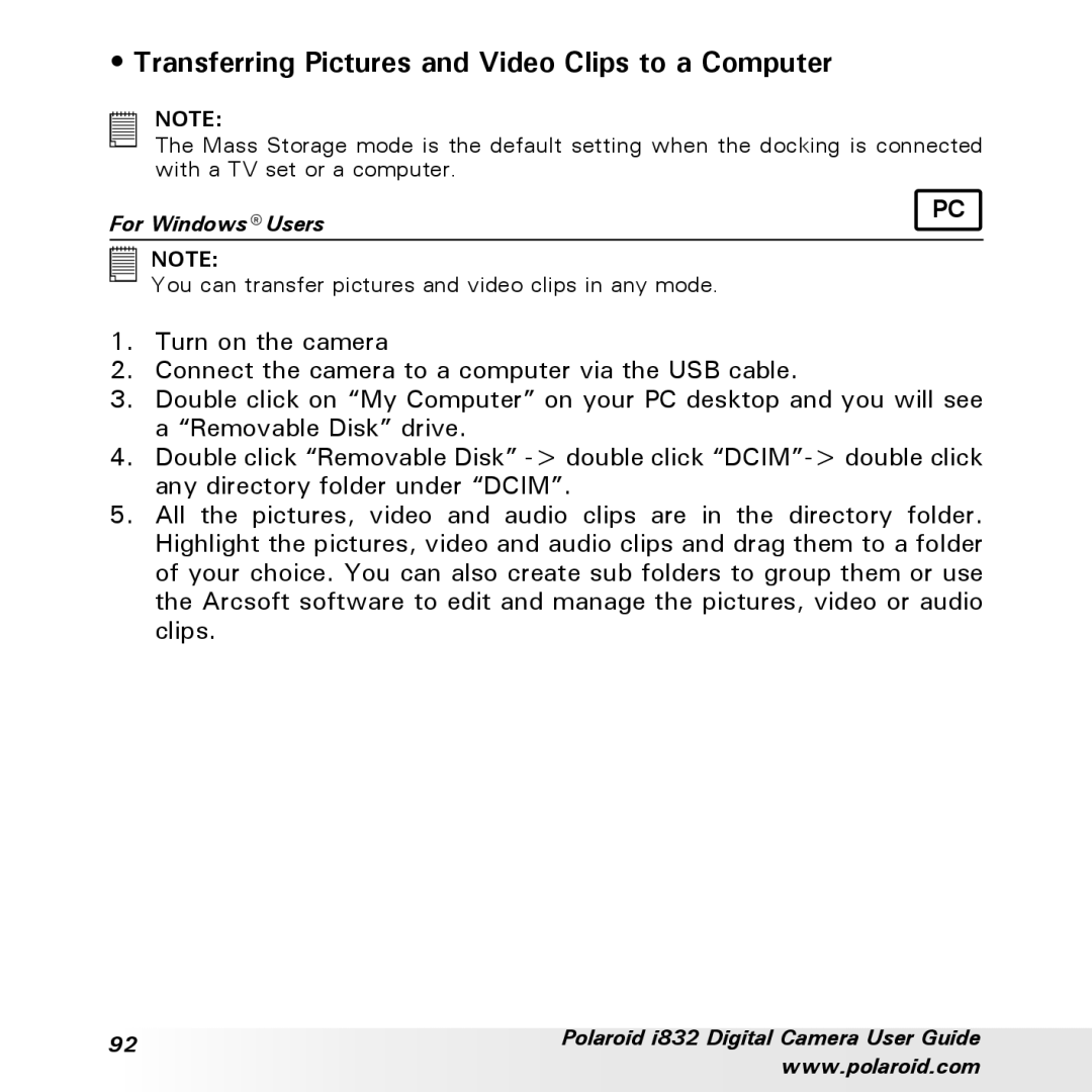 Polaroid i832 manual Transferring Pictures and Video Clips to a Computer 