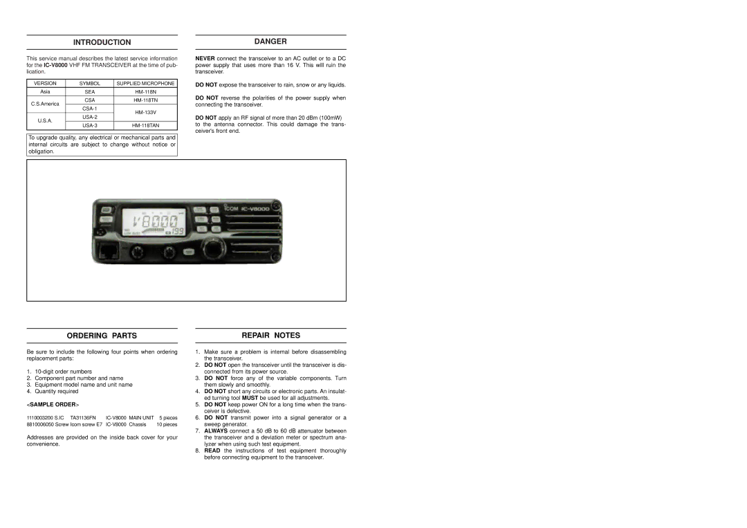 Polaroid IC-V8000 service manual Introduction, Ordering Parts, Repair Notes 