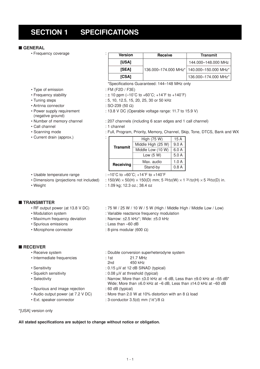 Polaroid IC-V8000 service manual Specifications, ‘ General, ‘ Transmitter, ‘ Receiver 