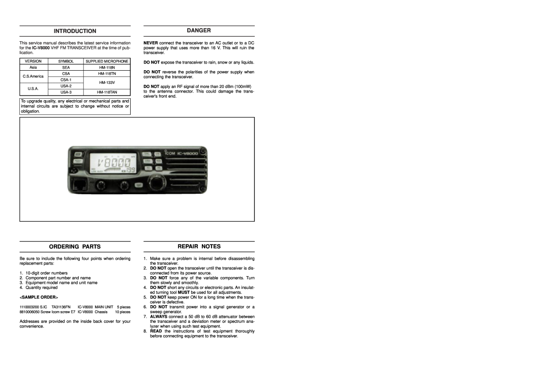 Polaroid IC-V8000 service manual Introduction, Danger, Ordering Parts, Repair Notes, Sample Order 