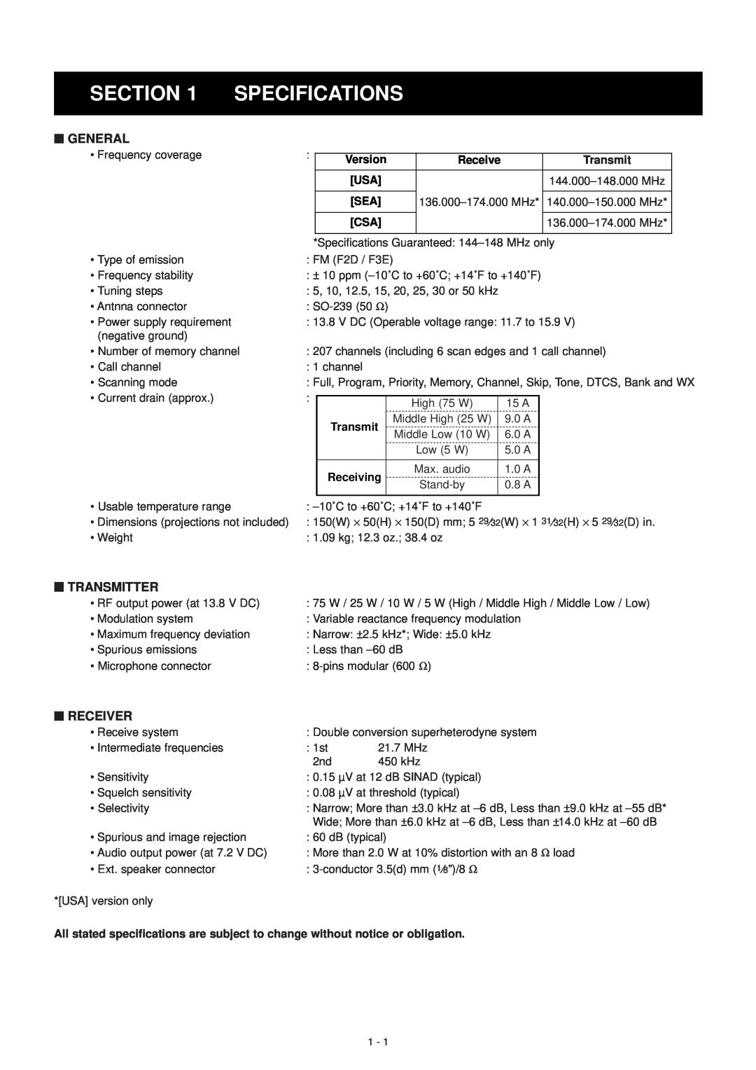 Polaroid IC-V8000 service manual Specifications, ‘ General, ‘ Transmitter, ‘ Receiver 