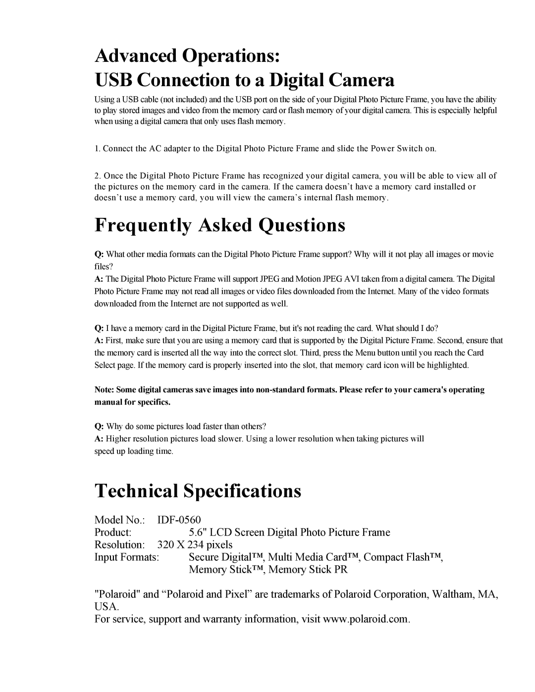 Polaroid IDF-0560 operation manual Advanced Operations USB Connection to a Digital Camera, Frequently Asked Questions 