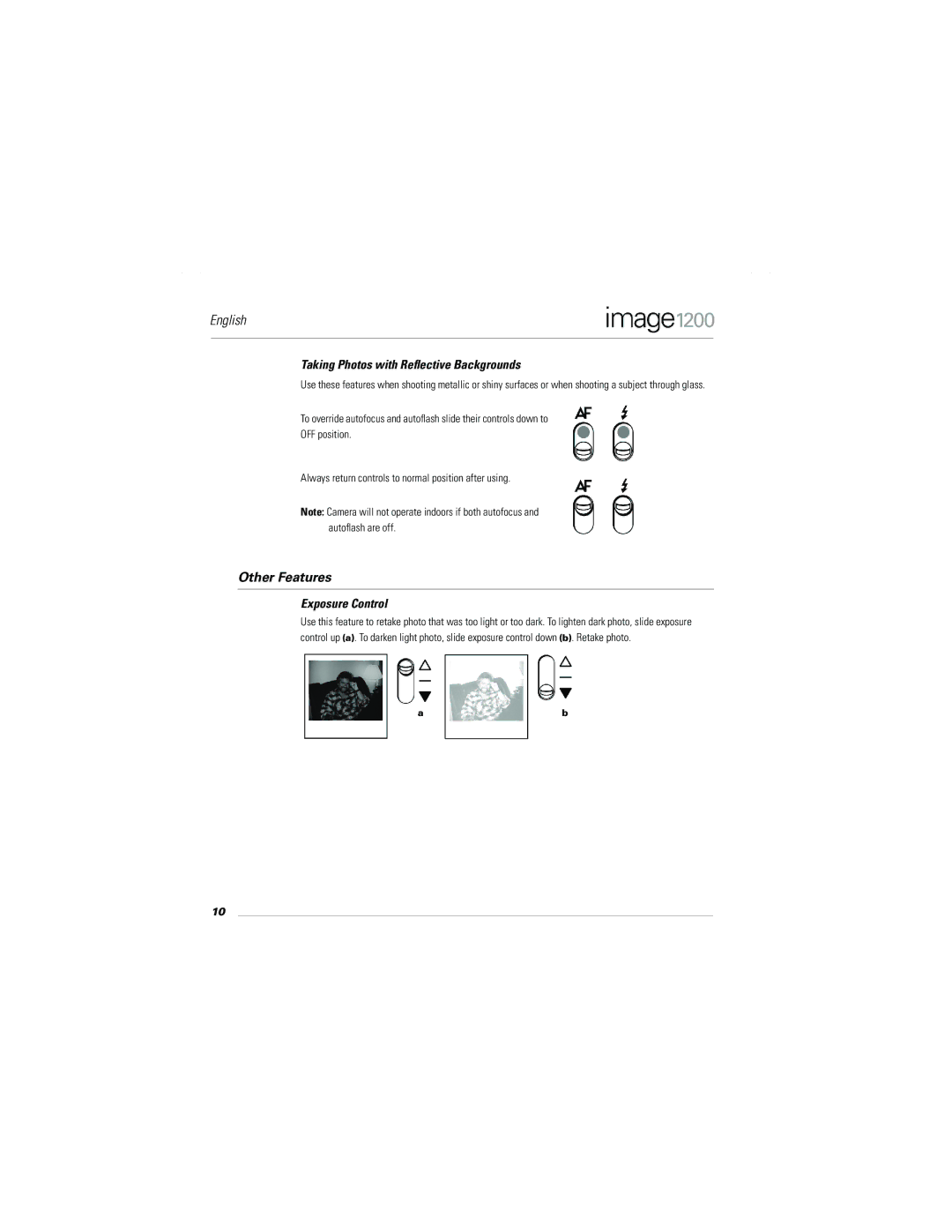 Polaroid Image1200 manual Taking Photos with Reﬂective Backgrounds, Other Features Exposure Control 