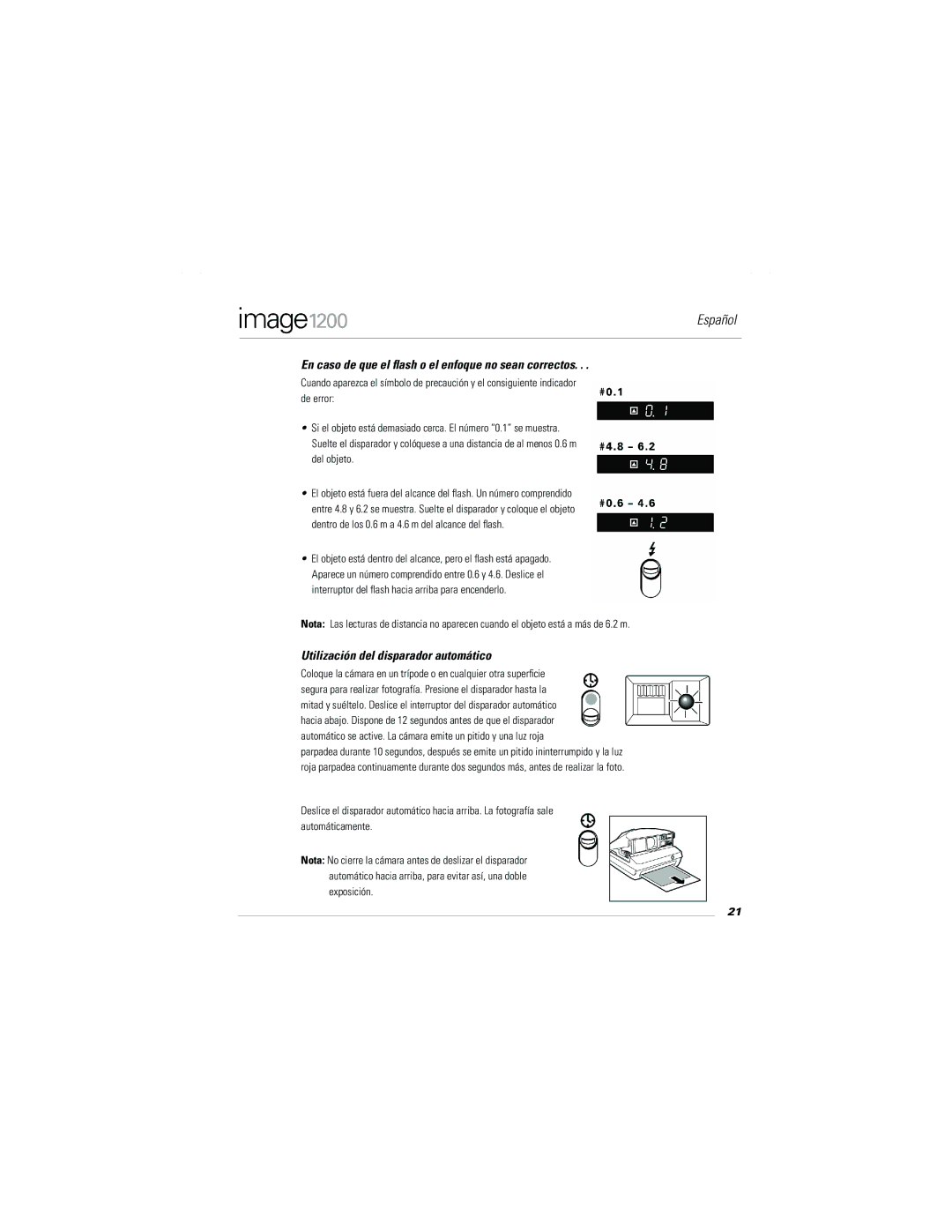 Polaroid Image1200 manual En caso de que el ﬂash o el enfoque no sean correctos, Utilización del disparador automático 