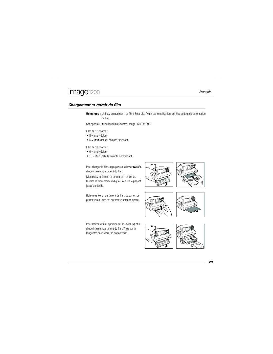 Polaroid Image1200 manual Chargement et retrait du ﬁlm 