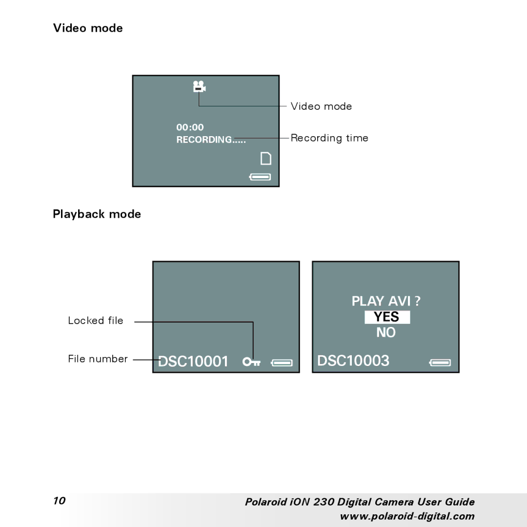 Polaroid iON 230 manual Video mode, Playback mode 