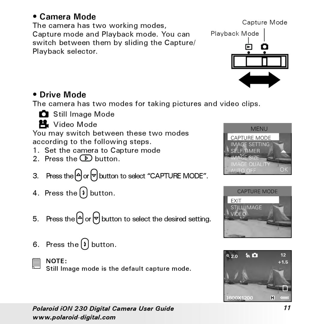 Polaroid iON 230 manual Camera Mode, Drive Mode 