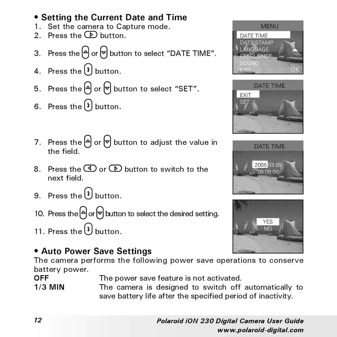 Polaroid iON 230 manual Setting the Current Date and Time, Auto Power Save Settings, Min 