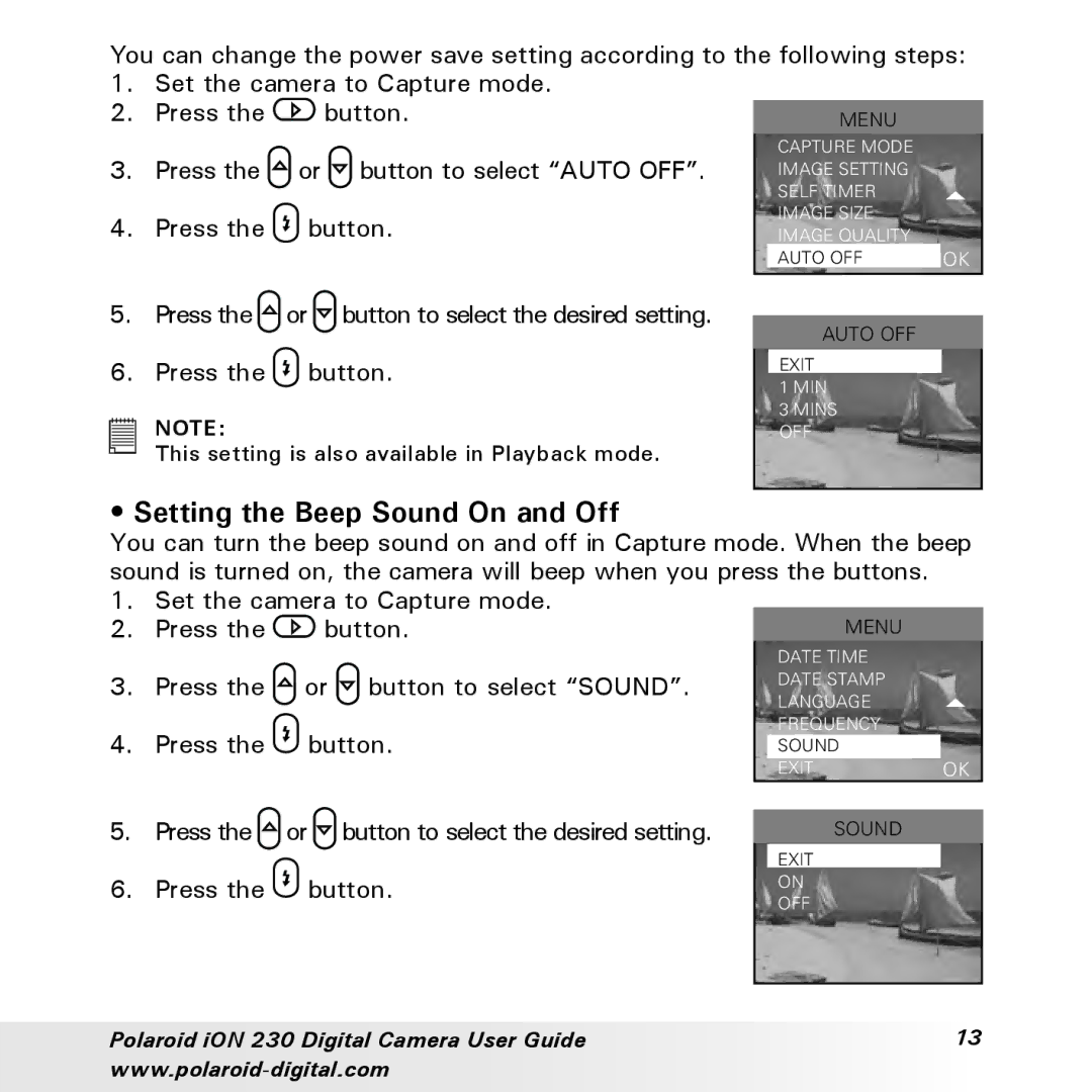 Polaroid iON 230 manual Setting the Beep Sound On and Off 