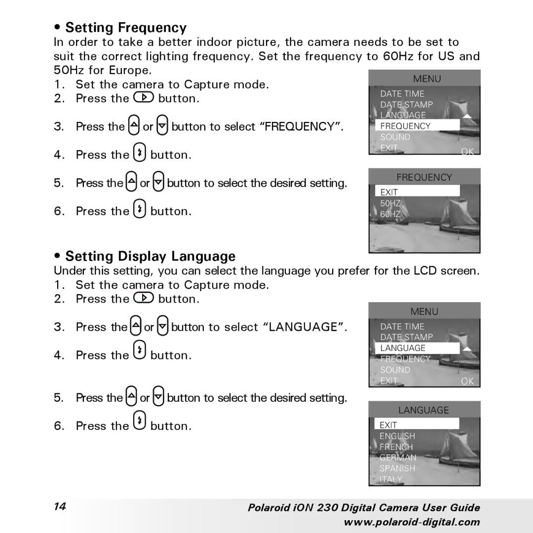 Polaroid iON 230 manual Setting Frequency, Setting Display Language 