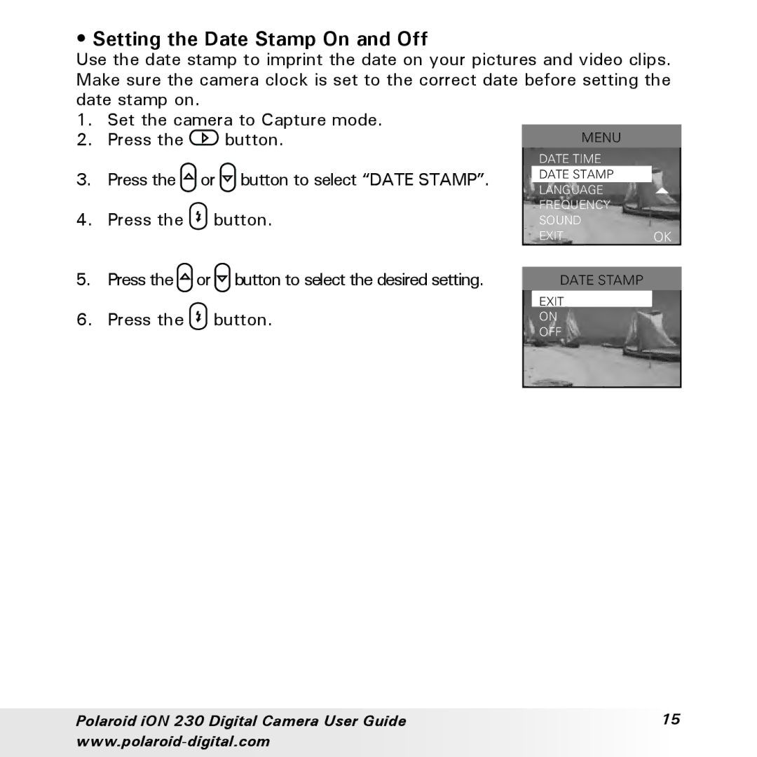Polaroid iON 230 manual Setting the Date Stamp On and Off 