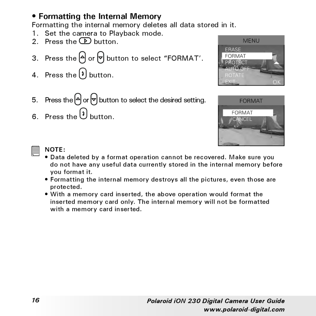 Polaroid iON 230 manual Formatting the Internal Memory 