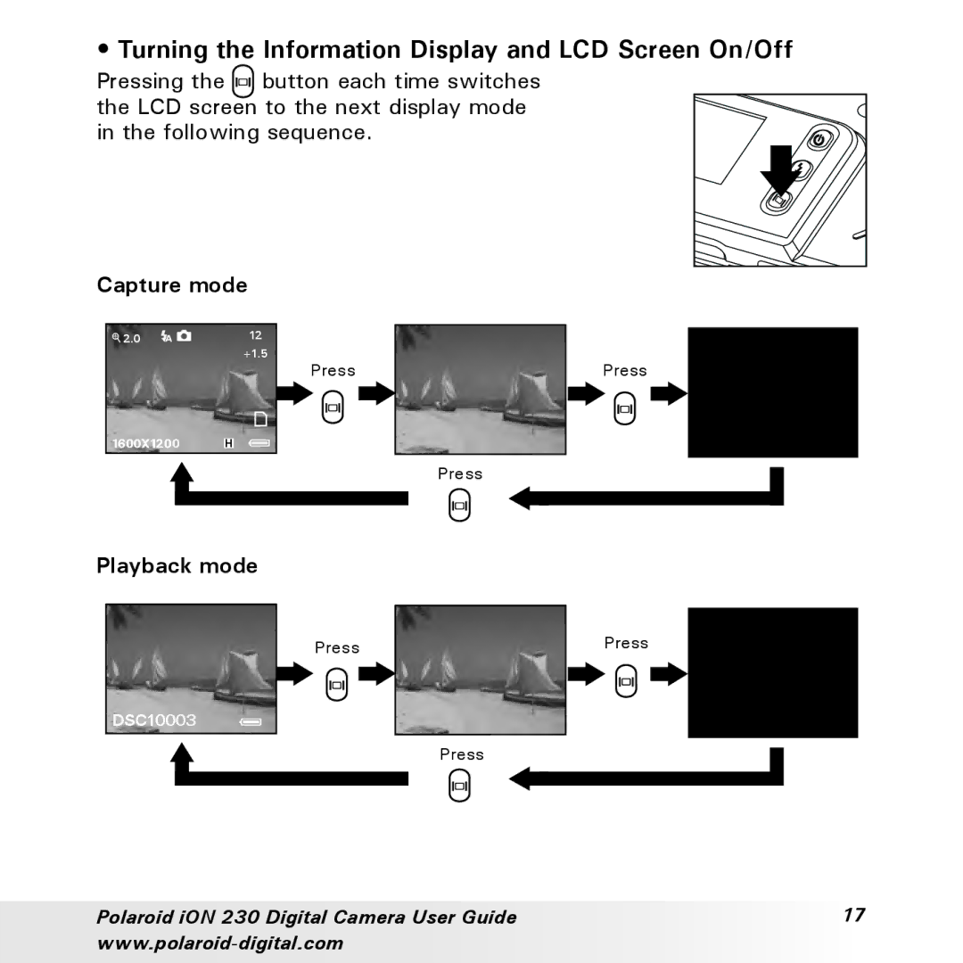 Polaroid iON 230 manual Turning the Information Display and LCD Screen On/Off, Capture mode 