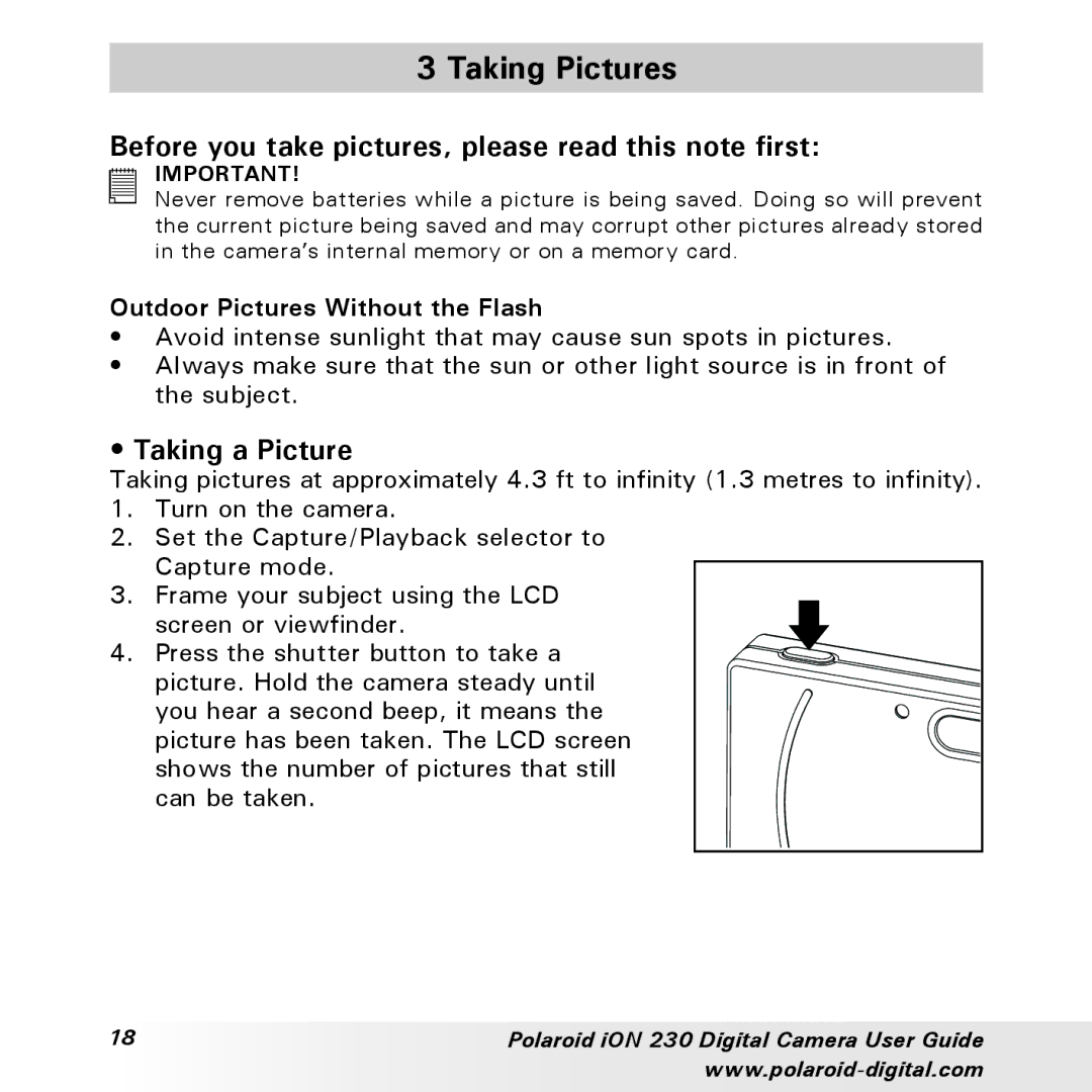 Polaroid iON 230 manual Taking Pictures, Before you take pictures, please read this note first, Taking a Picture 