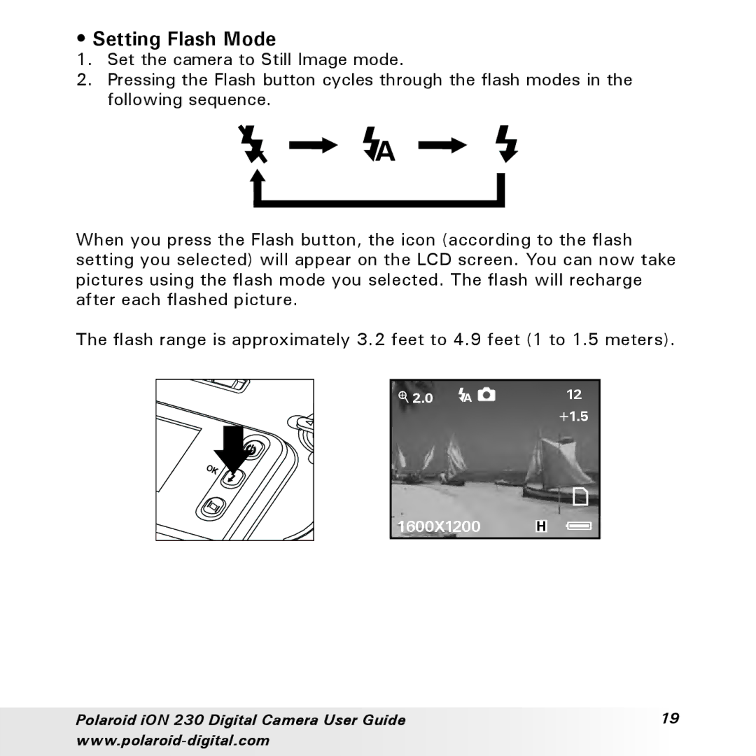 Polaroid iON 230 manual Setting Flash Mode 