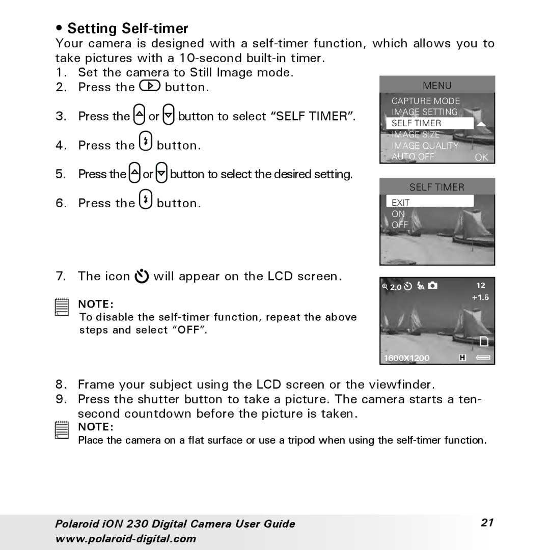 Polaroid iON 230 manual Setting Self-timer 