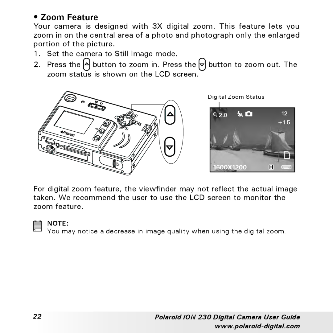 Polaroid iON 230 manual Zoom Feature 