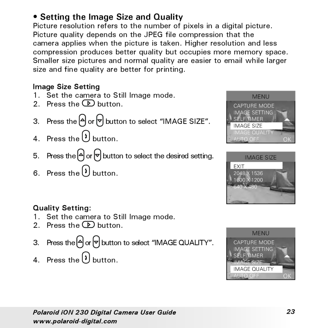 Polaroid iON 230 manual Setting the Image Size and Quality, Image Size Setting, Quality Setting 