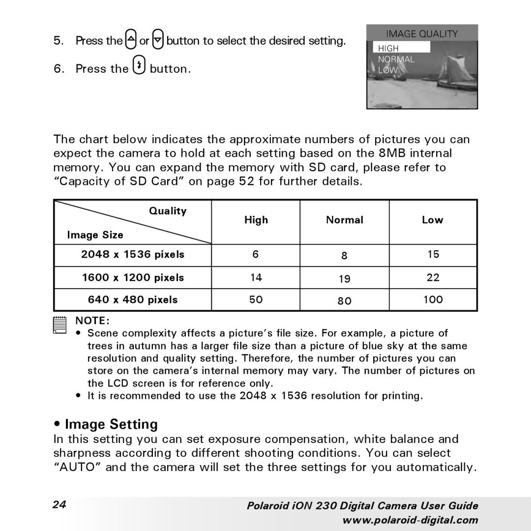 Polaroid iON 230 manual Image Setting 