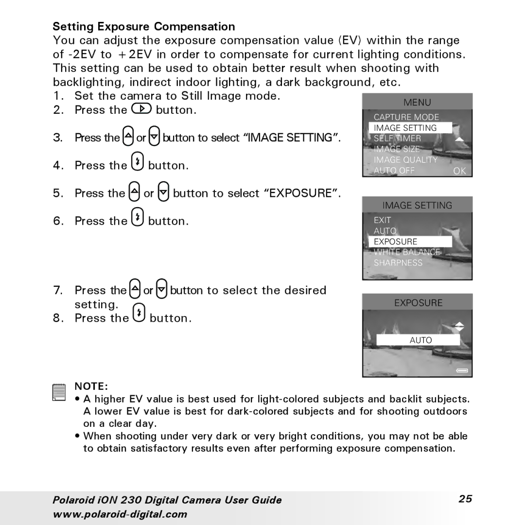 Polaroid iON 230 manual Setting Exposure Compensation 