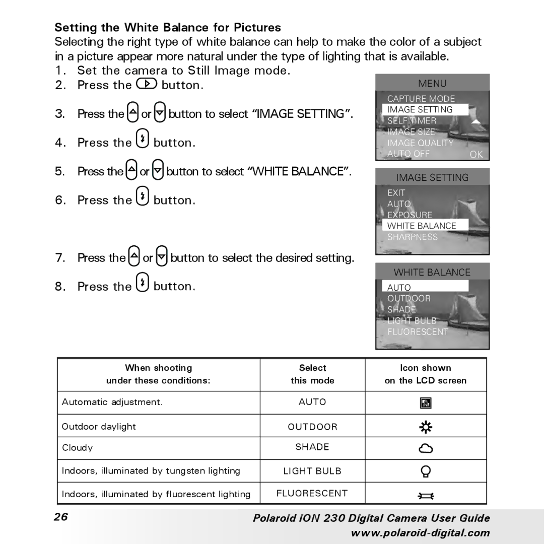 Polaroid iON 230 manual Setting the White Balance for Pictures, This mode On the LCD screen 