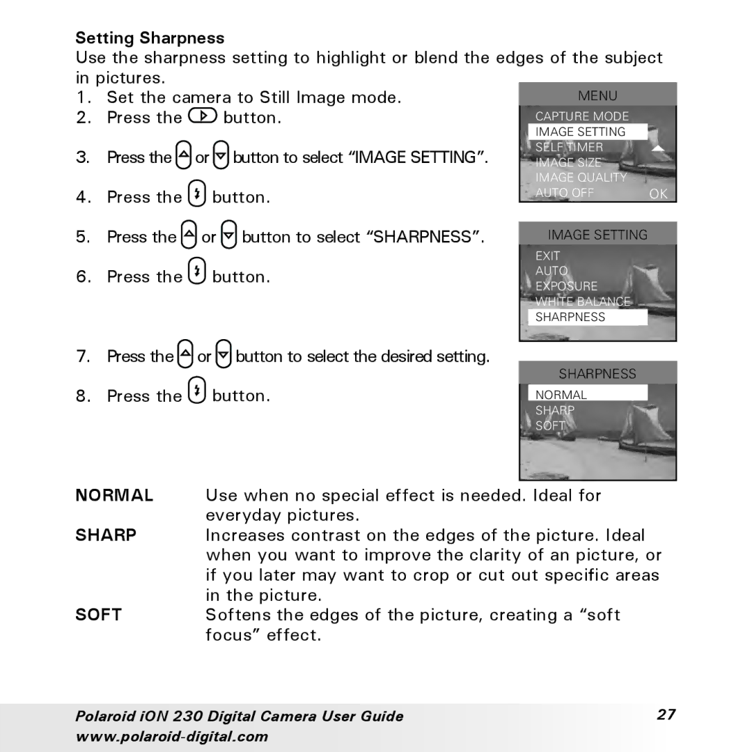 Polaroid iON 230 manual Setting Sharpness 