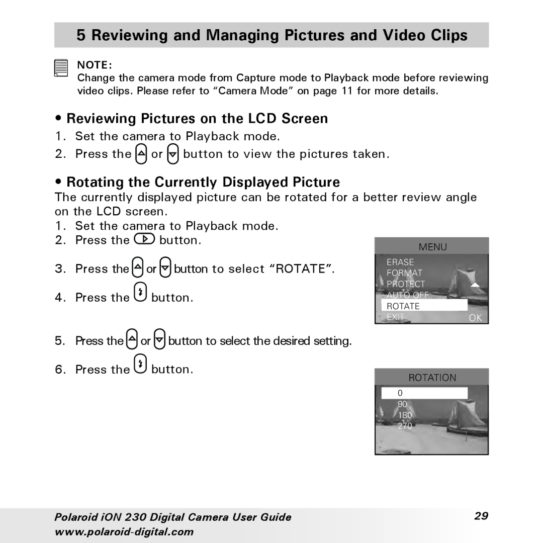 Polaroid iON 230 manual Reviewing and Managing Pictures and Video Clips, Reviewing Pictures on the LCD Screen 