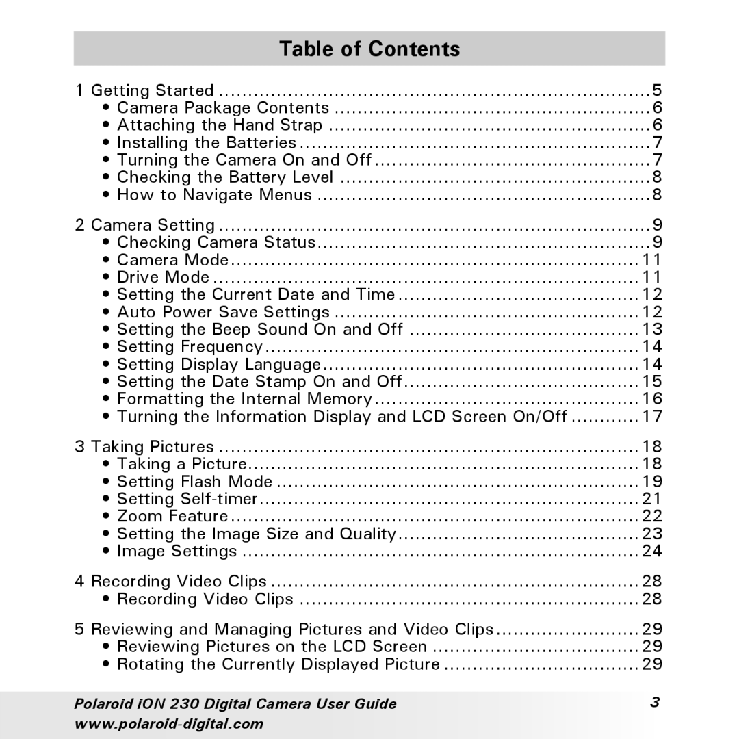 Polaroid iON 230 manual Table of Contents 