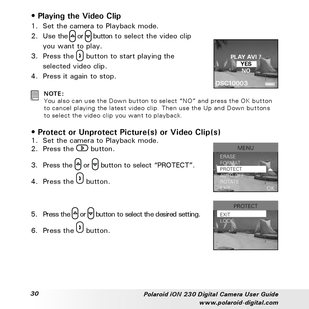 Polaroid iON 230 manual Playing the Video Clip, Protect or Unprotect Pictures or Video Clips 