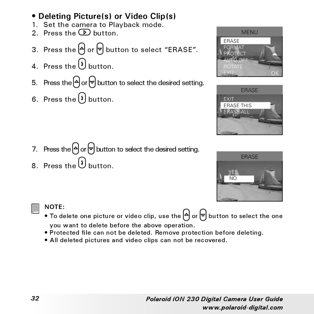 Polaroid iON 230 manual Deleting Pictures or Video Clips 