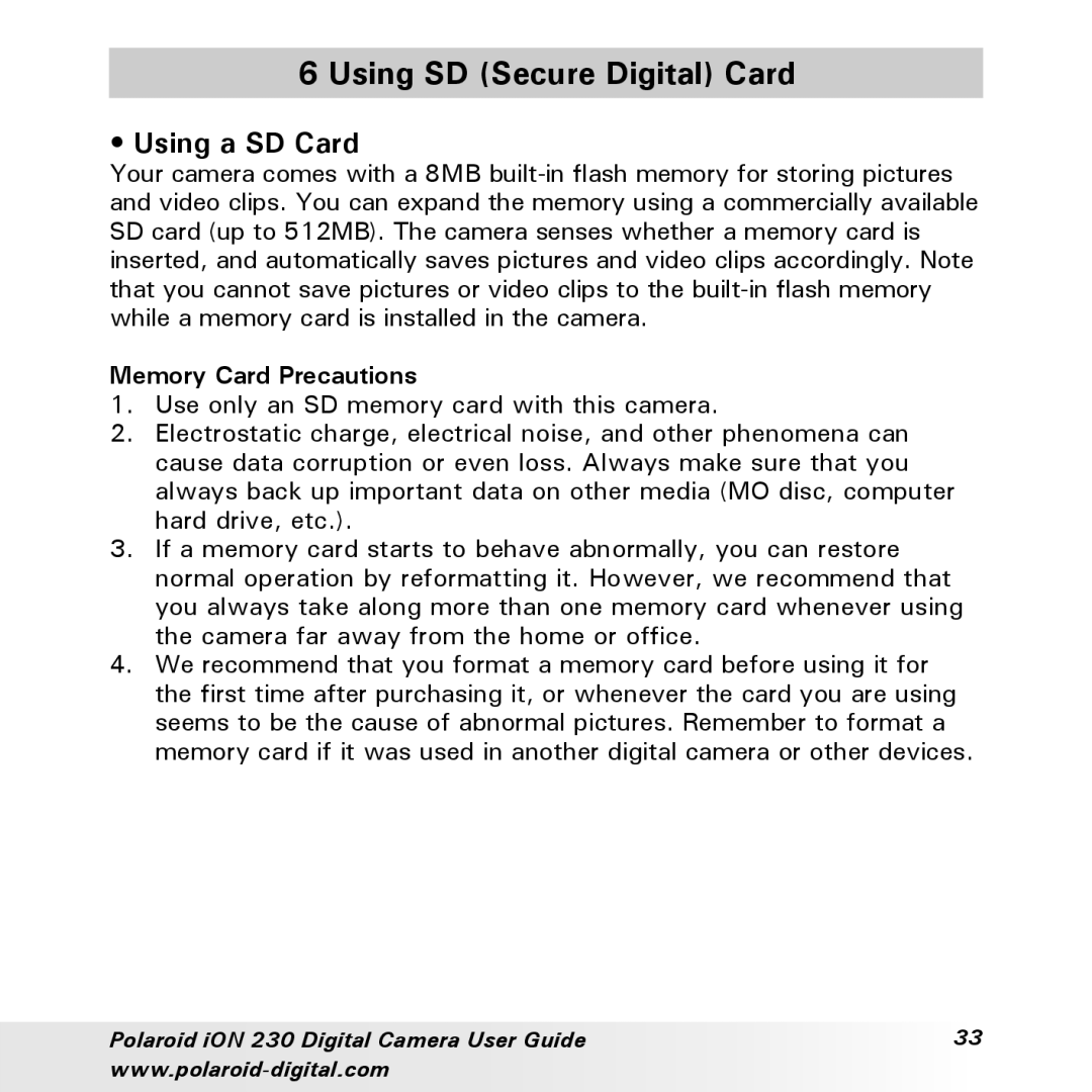 Polaroid iON 230 manual Using SD Secure Digital Card, Using a SD Card, Memory Card Precautions 