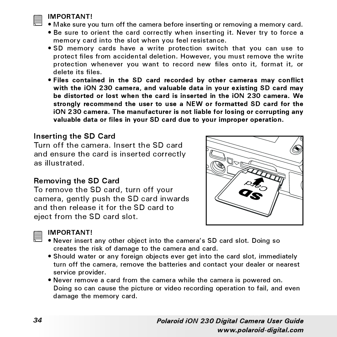 Polaroid iON 230 manual Inserting the SD Card, Removing the SD Card 