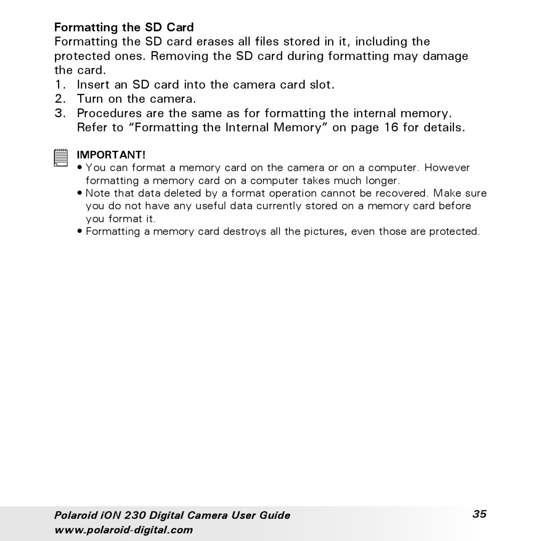 Polaroid iON 230 manual Formatting the SD Card 