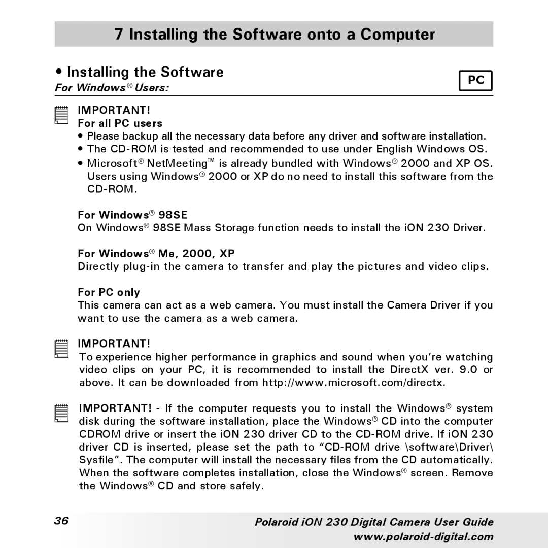 Polaroid iON 230 manual Installing the Software onto a Computer 