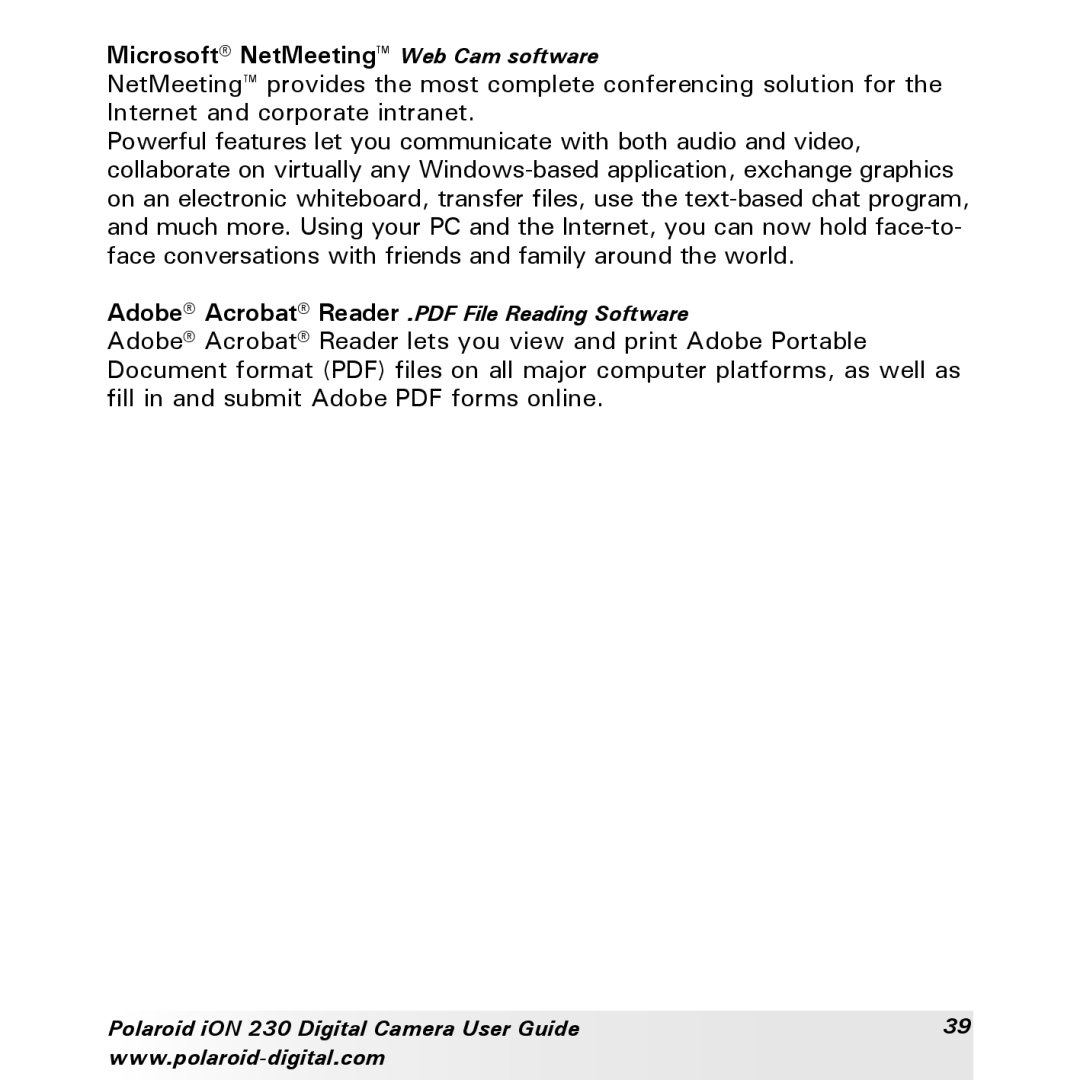 Polaroid iON 230 manual Microsoft NetMeeting Web Cam software 