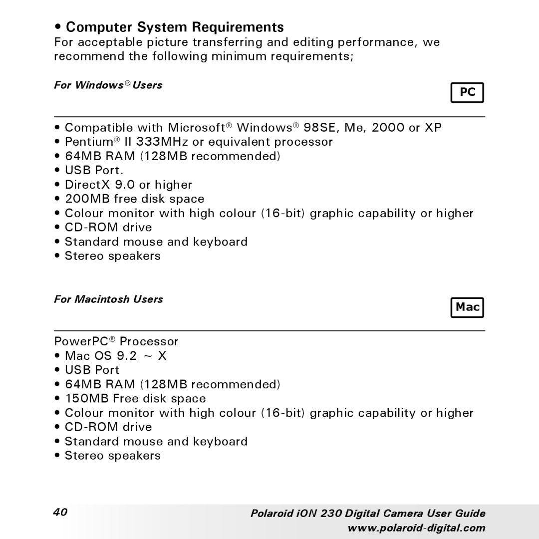 Polaroid iON 230 manual Computer System Requirements 