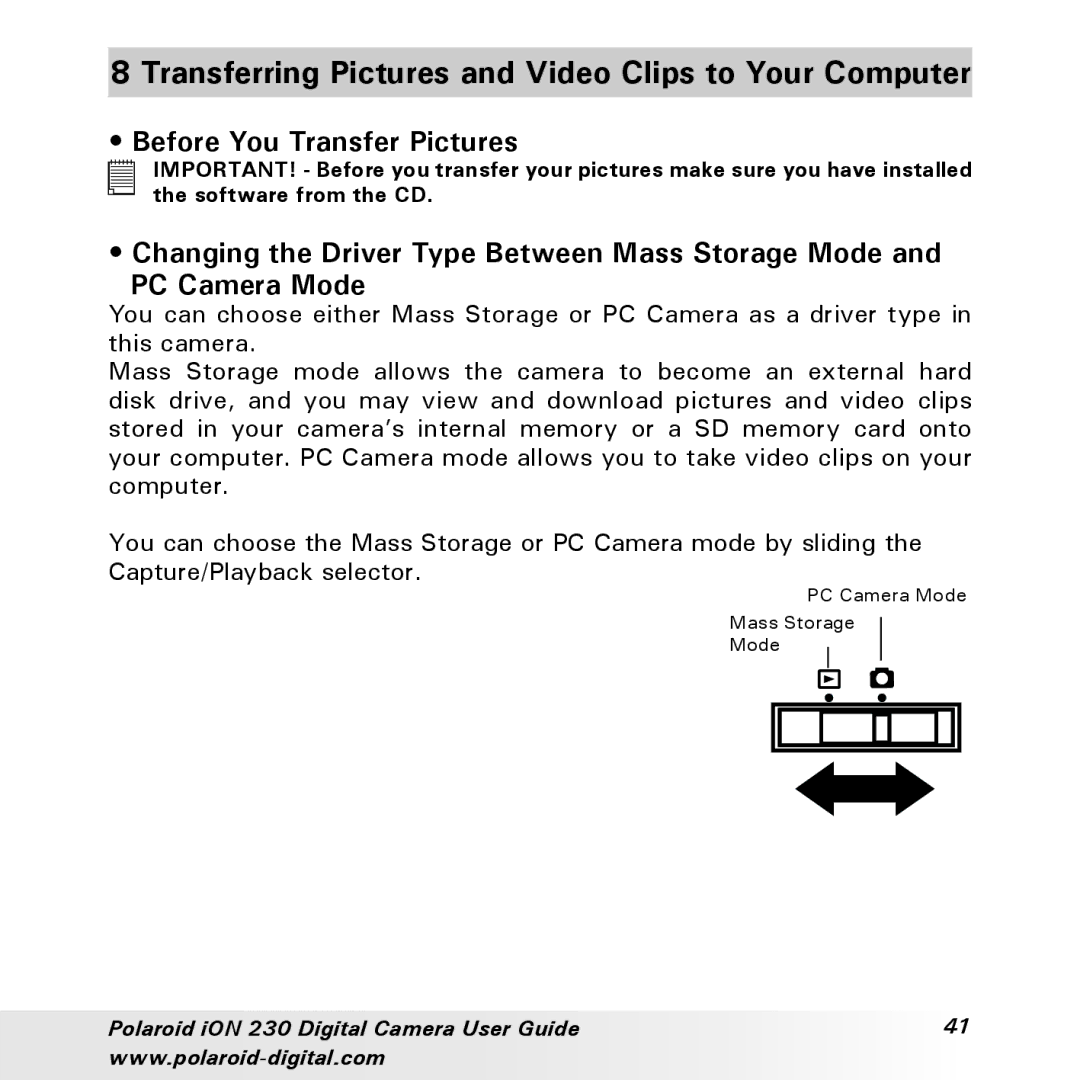 Polaroid iON 230 manual Transferring Pictures and Video Clips to Your Computer, Before You Transfer Pictures 