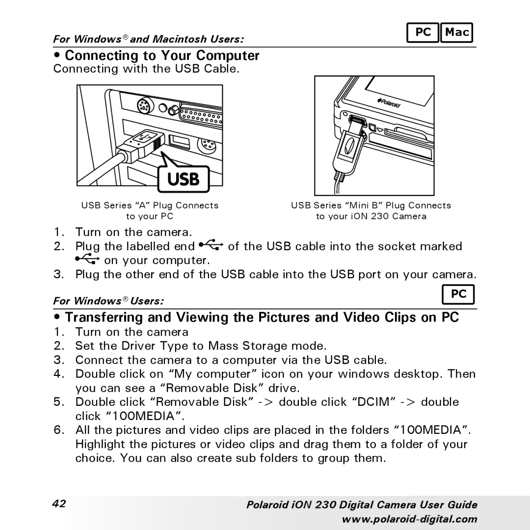 Polaroid iON 230 manual Connecting to Your Computer, Transferring and Viewing the Pictures and Video Clips on PC 