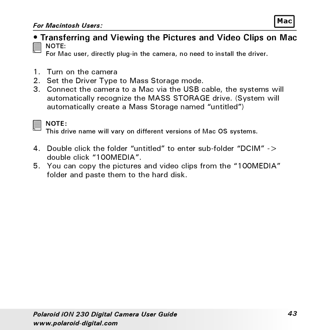 Polaroid iON 230 manual Transferring and Viewing the Pictures and Video Clips on Mac 