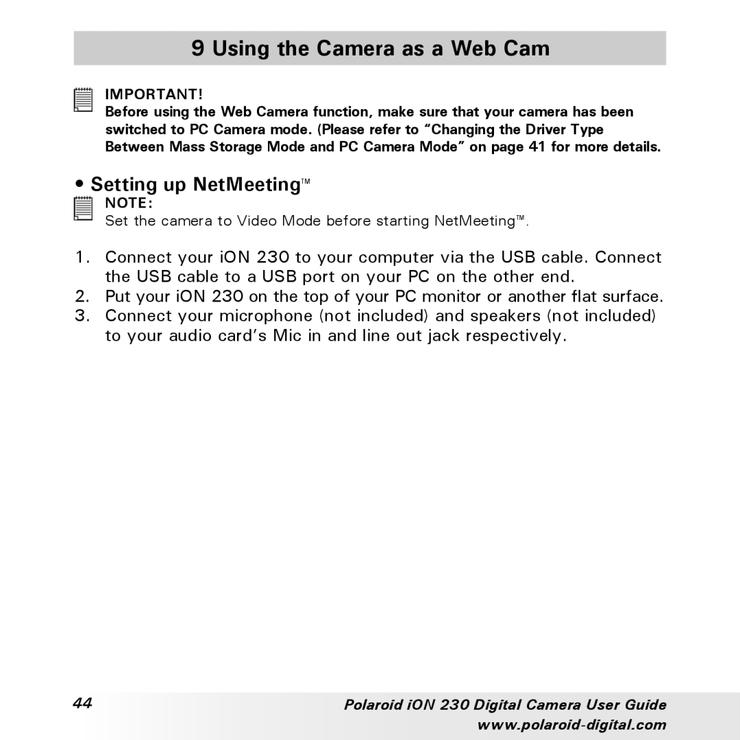 Polaroid iON 230 manual Using the Camera as a Web Cam, Setting up NetMeeting 