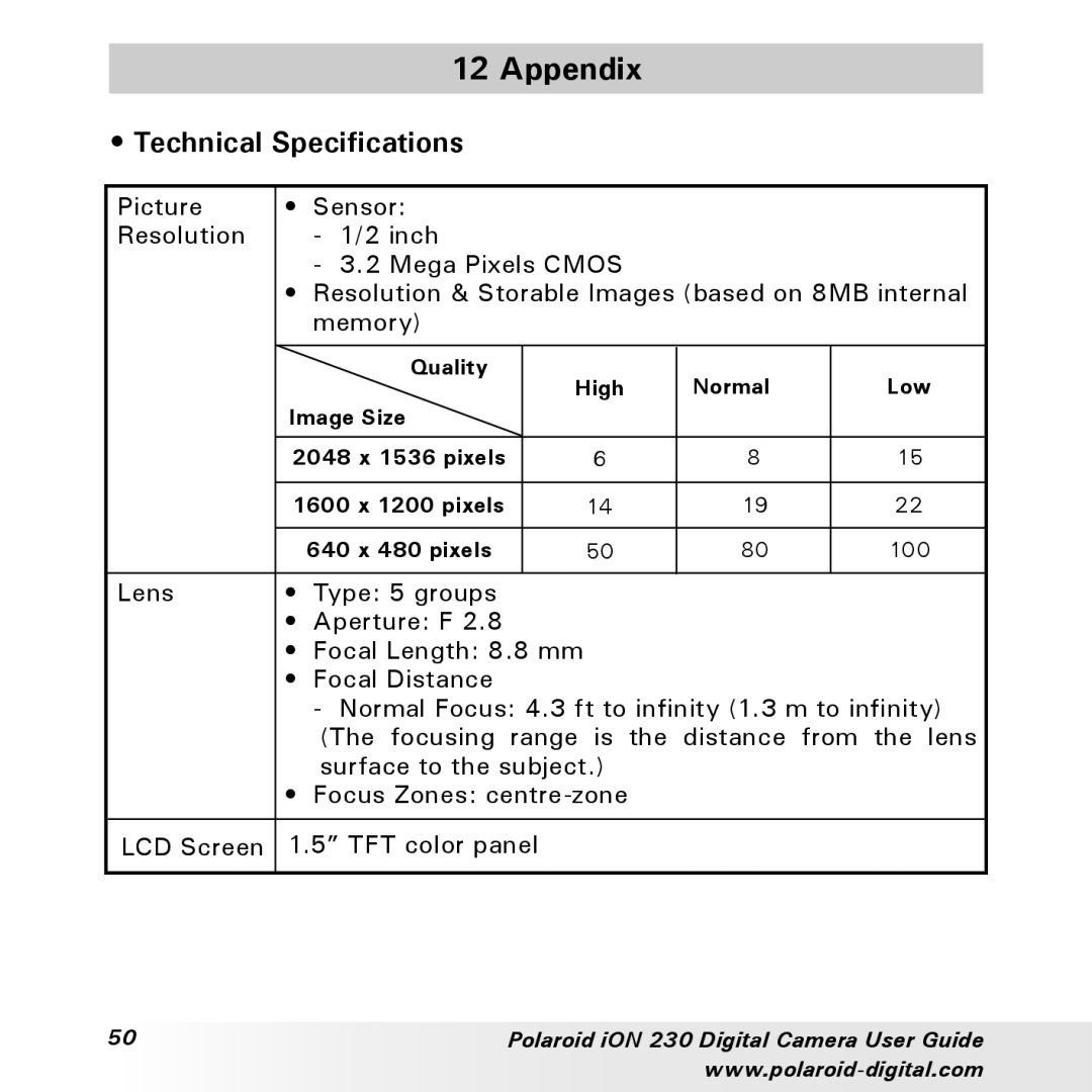 Polaroid iON 230 manual Appendix, Technical Specifications 