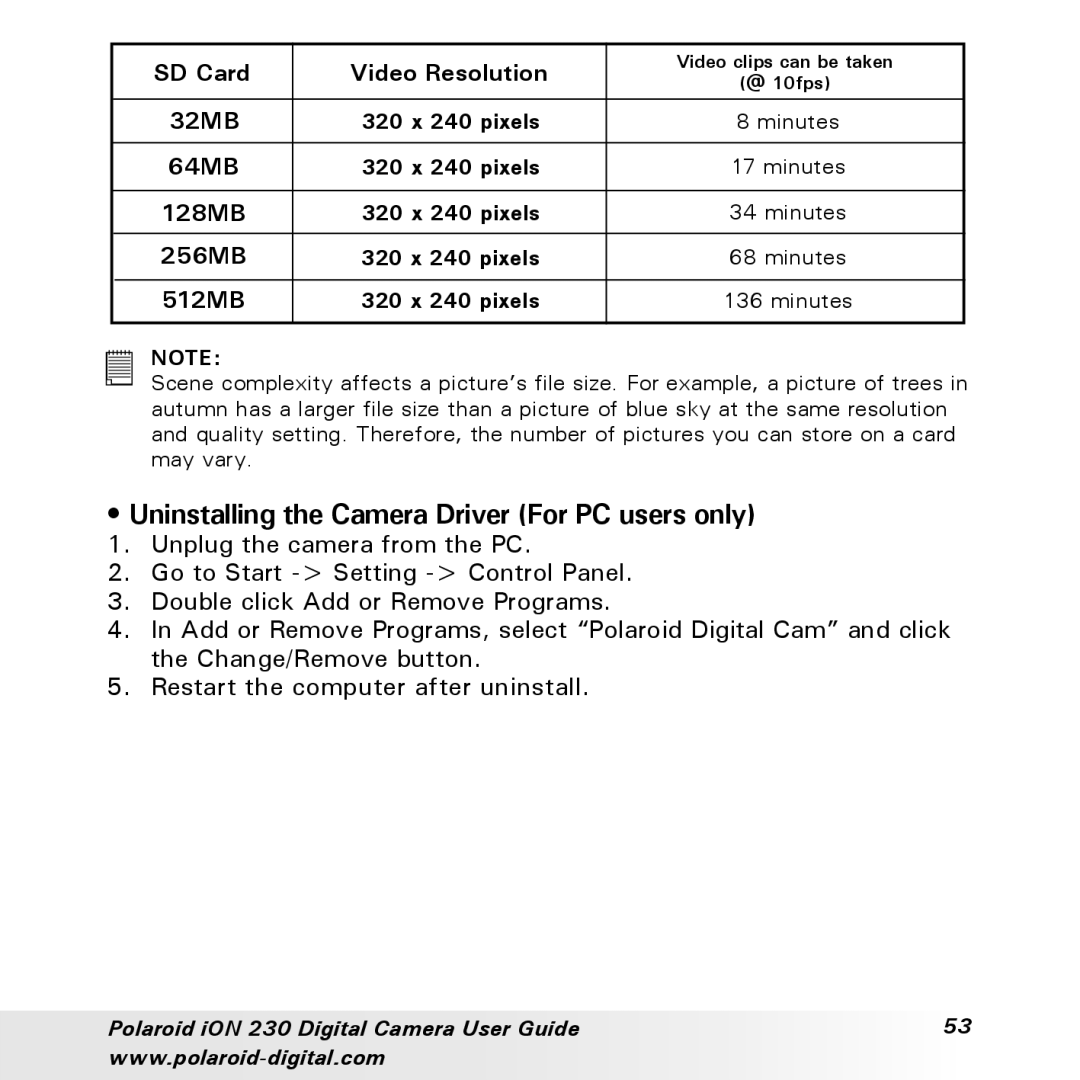 Polaroid iON 230 manual Uninstalling the Camera Driver For PC users only 