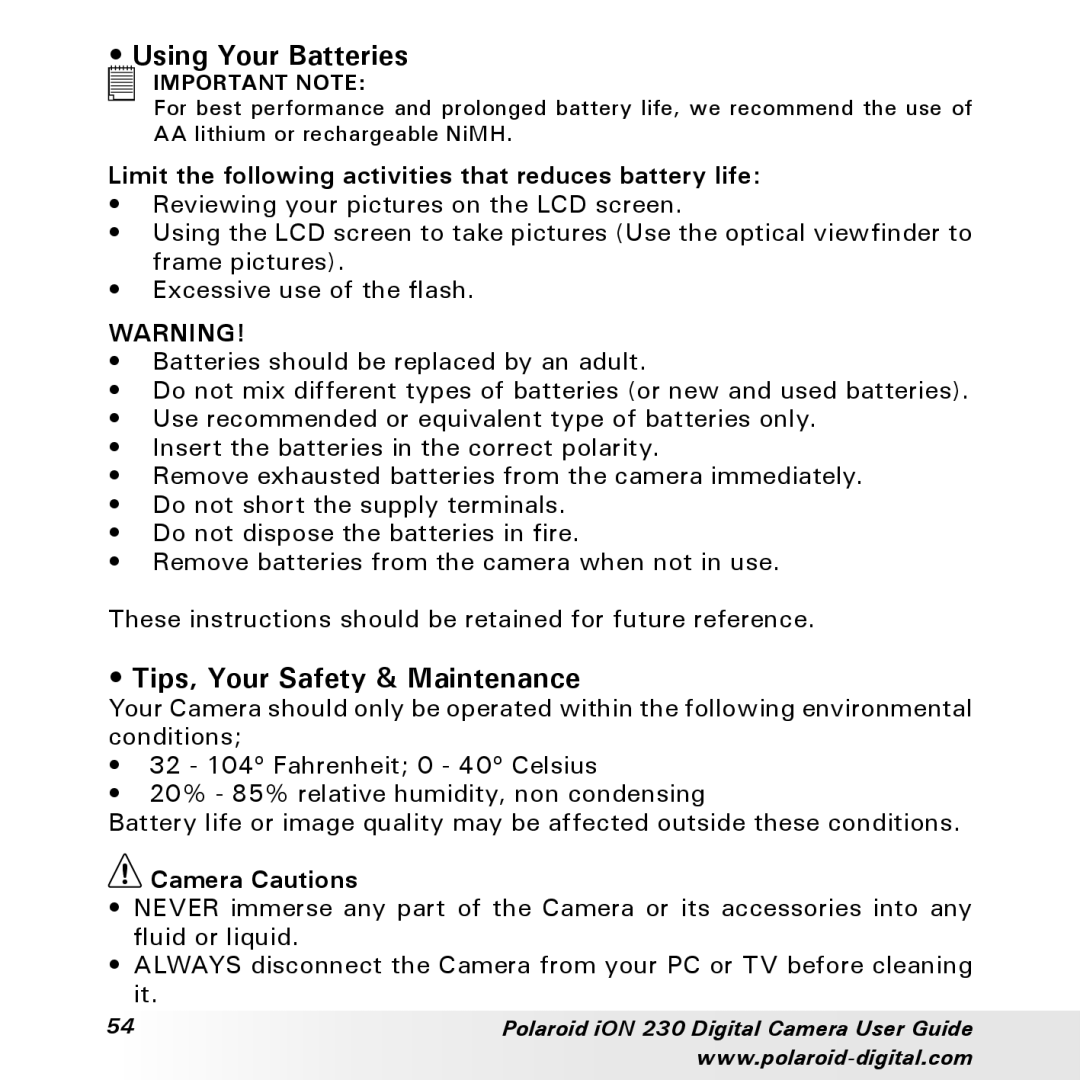 Polaroid iON 230 manual Using Your Batteries, Tips, Your Safety & Maintenance, Camera Cautions 