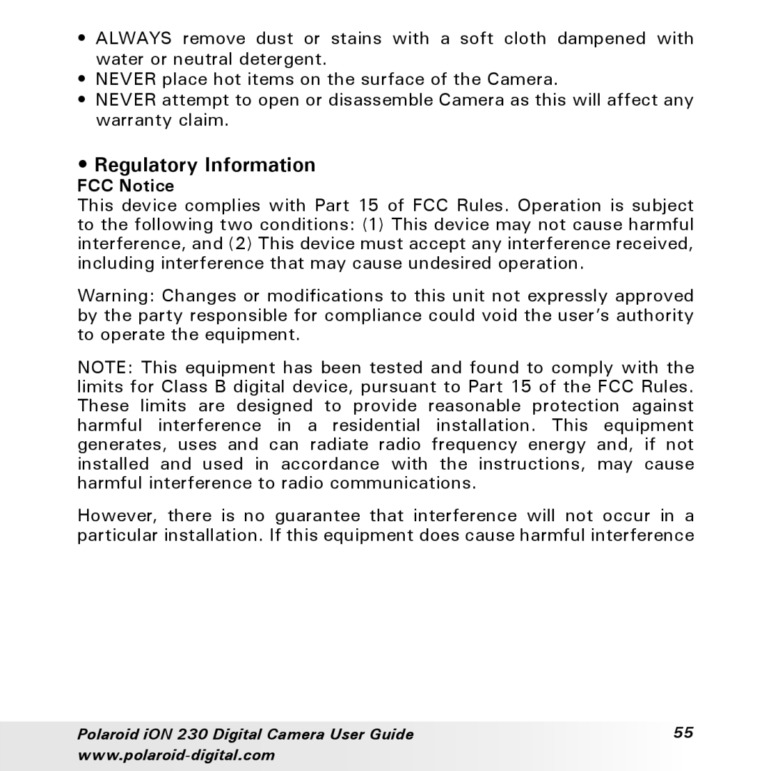 Polaroid iON 230 manual Regulatory Information, FCC Notice 